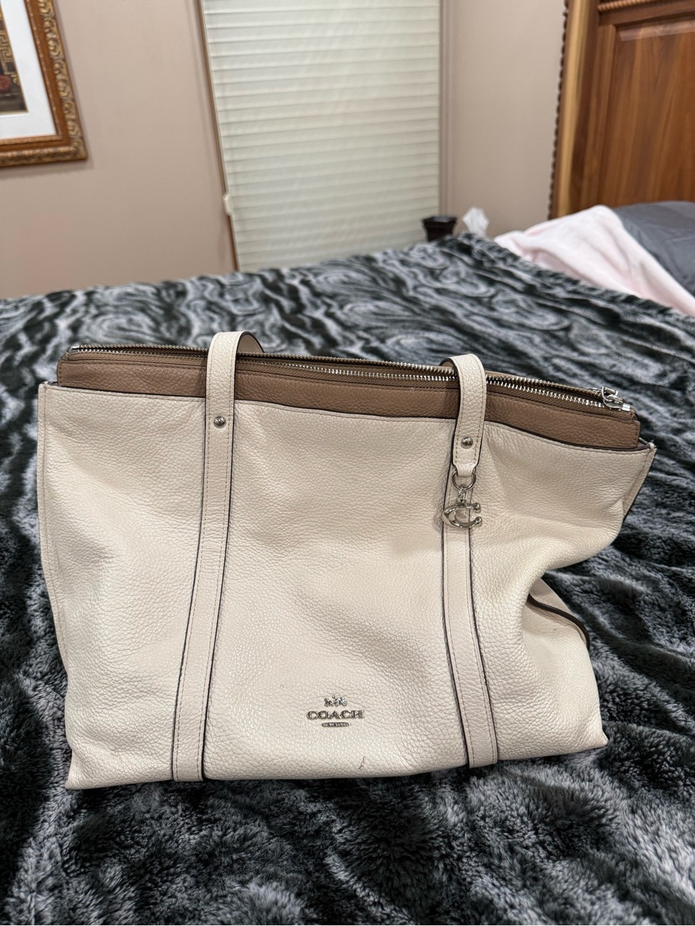 Coach Cream Pebbled Leather Tote with Brown Trim